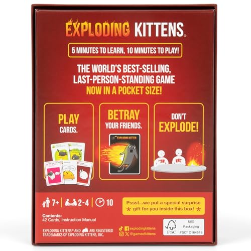 Exploding Kittens Grab and Game, 2-4 Players, Ages 7+, Pocket Version | Pocket-sized Exploding Kittens! Quick to learn, travel-friendly, and great for road trips, parties, and gifting.