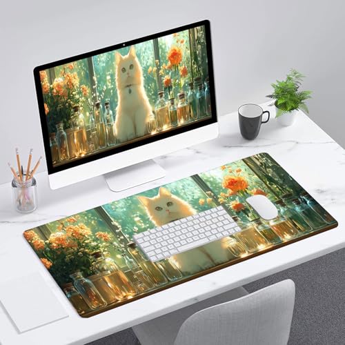 Cute Kawaii White Cat Desk Mat Green Plant Leaves Anime Extended Gaming Mouse Pad Mat with Stitched Edge Non-Slip Base Big Mouse Pad 31.5"x11.8" Office Computer Keyboard Laptop Home - color: Cute Kawaii White Cat_004, size: 11.8" x 31.5"
