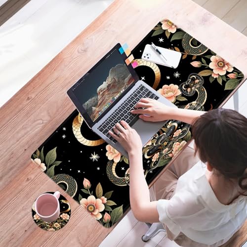 Mouse Pad,Large Desk Mat Set, 4in1 XL Mousepad + Keyboard Wrist Rest+Mouse Wrist Rest+Coaster with Ergonomic Desk Pad for Home Office Table Computer Cover -Aesthetic Snake Floral - color: Aesthetic Snake Floral