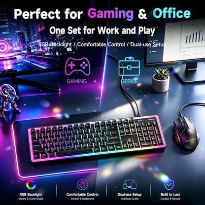 memzuoix Wired RGB Keyboard and Mouse Combo, Full-Size Keyboard with Number Pad and 6400 DPI LED Mouse, 2.4G Plug and Play Keyboard Mouse Set for PC, Laptop, Mac, Office & Gaming, Black