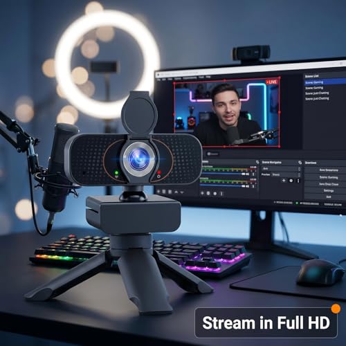 1080P USB Webcam for PC with Microphone Privacy Cover & Tripod | Plug and Play, No drivers; Clear Video Auto Lighting; Noise Canceling Audio; Universal Clamp Mount; Works with Zoom and Teams - style: Minimalist
