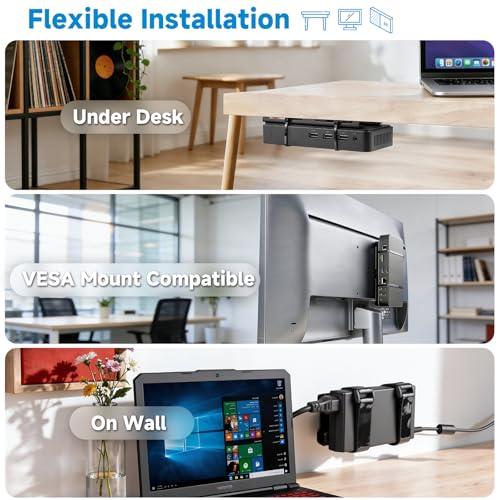 Universal Metal Laptop Charger Holder, Under Desk & Vesa Mount | Adjustable Power Brick Bracket, Under Desk Mount Organizer for Docking Stations & USB-C Hubs, Secure Supply Holder, Black