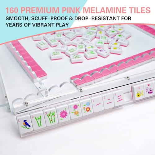 Portable Pink Mahjong Set 160 Premium Melamine Tiles, Engraved American Mahjong Game with Carrying Bag&3 Dice Compact 0.9” x 1.18” x 0.5” Tiles, Scuff‑Proof & Drop‑Resistant for Adults Family Travel
