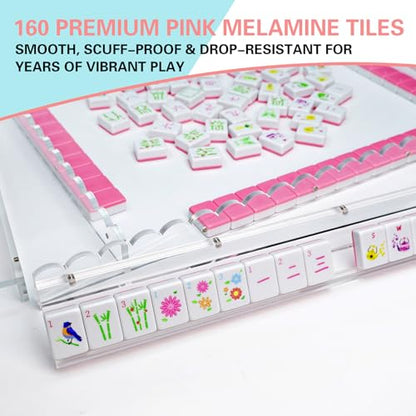 Portable Pink Mahjong Set 160 Premium Melamine Tiles, Engraved American Mahjong Game with Carrying Bag&3 Dice Compact 0.9” x 1.18” x 0.5” Tiles, Scuff‑Proof & Drop‑Resistant for Adults Family Travel