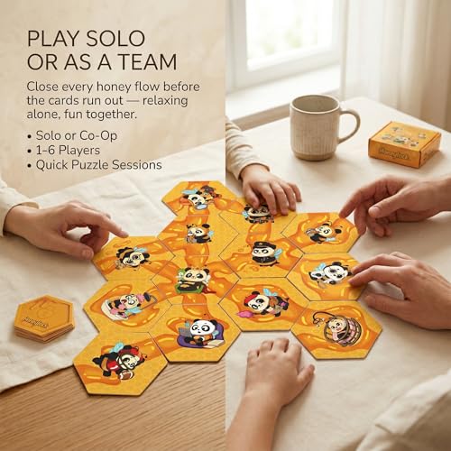 Honeylock Co-Op Strategy Board Game – Solo Friendly Hex Card Puzzle Game for 1–6 Players, Quick 10–15 Min Family Board Game for Teens & Adults, Tile-Matching Hive Puzzle, 55 Cards