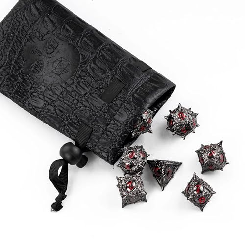 Black Metal DND Dice Dragon Eye Metal Dice Set D&D for Tabletop Game | Leather Storage Bag, DM Gift, for Dungeons and Dragons Role Playing Games - color: Dragon-black Red