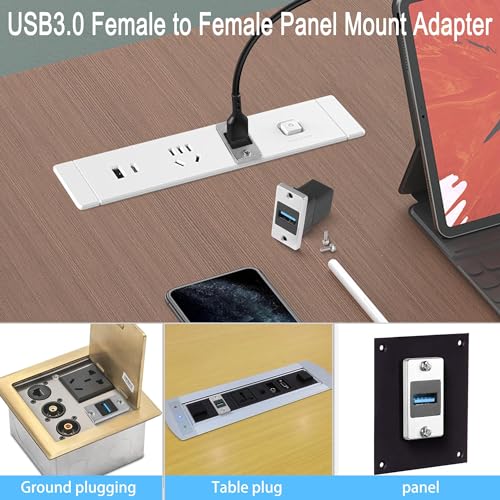 QIANRENON 5Gbps USB3.0 Rectangular Metal Panel Adapter USB3.0 Female to Female Panel Mount Connector USB 3.0 Mounting Socket Data Module 5V/0.5A Charging, Mounting on Panel Desktop Wall Floor Plug