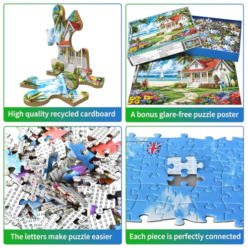 Jigsaw Puzzles for Adults 1000 Piece Puzzle for Adults 1000 Pieces Puzzle 1000 Pieces-Summer Beach Vacation -Surfing, Coconut Trees, Wooden Houses - color: Beach Surfing