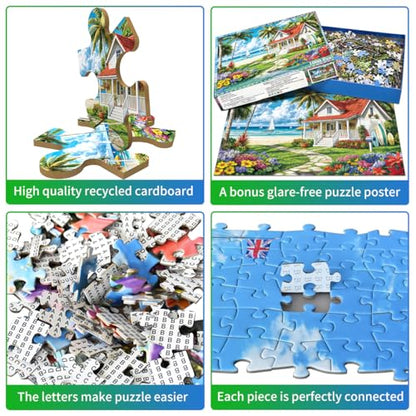 Jigsaw Puzzles for Adults 1000 Piece Puzzle for Adults 1000 Pieces Puzzle 1000 Pieces-Summer Beach Vacation -Surfing, Coconut Trees, Wooden Houses - color: Beach Surfing