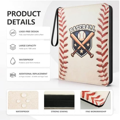 Baseball Card Binder, 9 Pocket Trading Card Zip Binder Holds 1080 Cards | Logo-free design,top-loading pages,removable double-sided pockets,waterproof cover,soft lnner lining. - color: Baseball, size: 9 Pocket 1080
