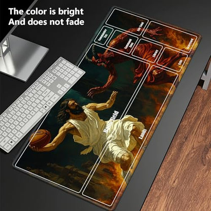 MTG Playmat with Zones, TCG Card Game Play Mat with Stitched Edges, Non-Slip Rubber Base Gaming Desk Mat, Smooth Surface 24 x 14 Inch, Jesus Play Basketball with The Devil - color: Jesus Play Basketball With the Devil, size: Zone 1