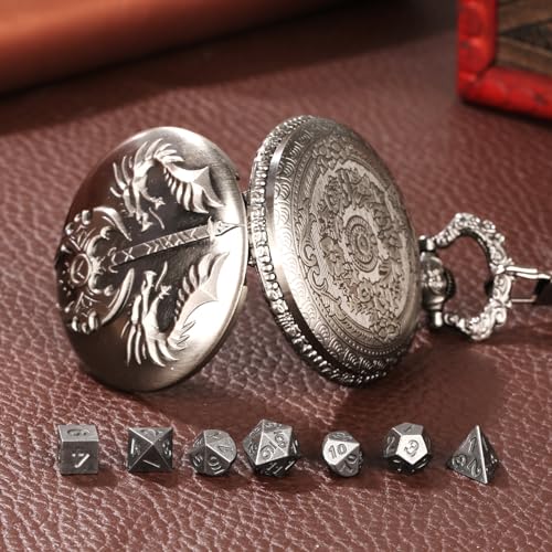 Mini DND Dice Set with Double Headed Dragon(Top Double-Sided Axe) Pocket Watch Case, 7-PCS Polyhedral Metal D&D Dice, DND Gifts with Gift Box, Role Playing Game Board Game Accessories Dice, Silver - color: Dark Silver