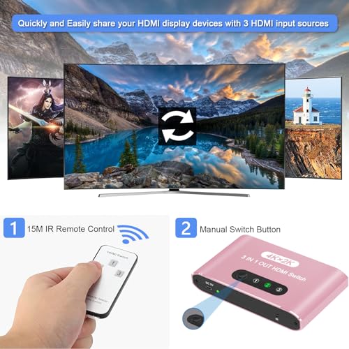 HDMI Switch 3 in 1 Out, 4K@60Hz HDMI Splitter with Remote Control, 3 Ports HDMI Switcher, Perfect for Full HD 4K 1080P 3D Video Roku Fire TV Blu-ray Players Stick Apple PS4/PS5 Xbox Chromecast (Pink) - color: Pink