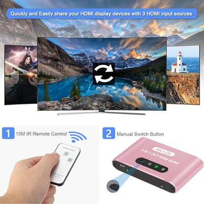 HDMI Switch 3 in 1 Out, 4K@60Hz HDMI Splitter with Remote Control, 3 Ports HDMI Switcher, Perfect for Full HD 4K 1080P 3D Video Roku Fire TV Blu-ray Players Stick Apple PS4/PS5 Xbox Chromecast (Pink) - color: Pink