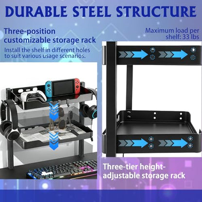 2-Tier Clamp on Desk Shelf, Dual-purpose Desk Organizer (Used on or Under Desk Storage), Desk Shelf Clamp with Hooks and High Load-bearing capacity, Suitable for Office Desk, Gaming Accessories