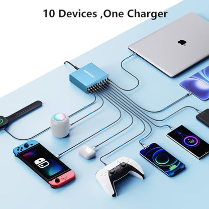 320W USB C Charger Block, 10-Port USB C Charging Station GaN III PD 65W PC Laptop Fast Charger Adapter for MacBook Pro/Air, DELL, iPad, iPhone, Samsung Galaxy (Light Blue) - color: Light Blue