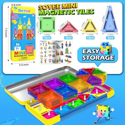 Soyee Mini Magnetic Tiles Travel Toddler Toys with Metal Tin Portable STEM Building Kids Toys for 3 4 5 6 7 8+ Years Old Boys & Girls & Birthday Gifts - size: Travel Set