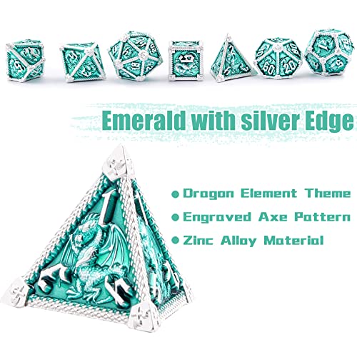AUSTOR 7-Die Metal DND Dice Set Dungeons and Dragons Polyhedral Roll Playing Dice with Box D20 D12 D10 D% D8 D6 D4 for Pathfinder MTG RPG Board Games - color: Emerald With Silver Edge