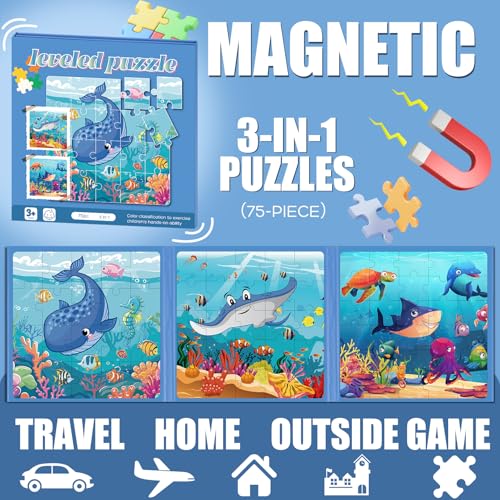Magnetic Puzzles for Toddlers 3-5 Toddler Puzzle Travel Toys （Sea） | Jigsaw Puzzles for Kids 75-Pieces Travel Toys Sea Puzzles Ages 4-6 Road Car Trip & Airplane Activities - style: Sea