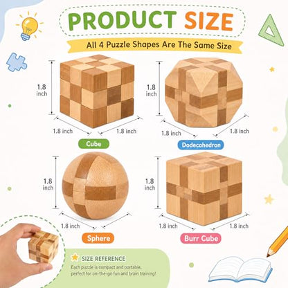 4 Pack Wooden Puzzle Games Brain Teasers Toy- 3D Puzzles for Teens and Adults - Wooden Logic Puzzle Wood Snake Cube Magic Cube Magic Ball Brain Teaser Intellectual Removing Assembling Toy