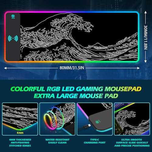 ToLuLu RGB Wireless Charging Gaming Mouse Pad, 7.5/10/15W 10 Light Modes LED Mouse Pad Computer Keyboard Mat Mousepad, 800x300x4MM Extended Large Desk Pad Mat, Japanese Kanagawa Sea Wave Black White - color: Japanese Kanagawa Sea Wave Black White