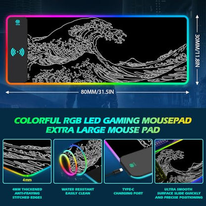 ToLuLu RGB Wireless Charging Gaming Mouse Pad, 7.5/10/15W 10 Light Modes LED Mouse Pad Computer Keyboard Mat Mousepad, 800x300x4MM Extended Large Desk Pad Mat, Japanese Kanagawa Sea Wave Black White - color: Japanese Kanagawa Sea Wave Black White