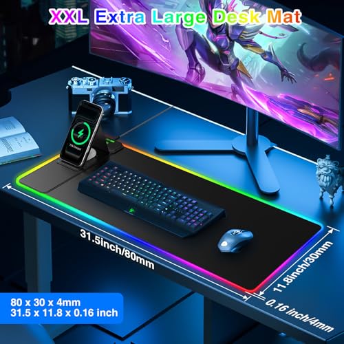 RGB Gaming Mouse Pad with Magnetic Wireless Charging & Foldable Phone Stand | 31.5"x11.8" XL Extended Mousepad with Stitched Edges, Ultra-Smooth Waterproof Surface, 25 Lighting Effects, Non-Slip Base - color: RGB-Magnetic Stand-31.5"x11.8"-Left