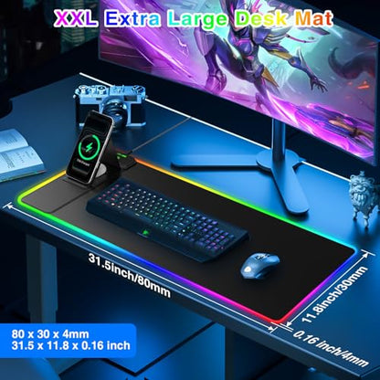 RGB Gaming Mouse Pad with Magnetic Wireless Charging & Foldable Phone Stand | 31.5"x11.8" XL Extended Mousepad with Stitched Edges, Ultra-Smooth Waterproof Surface, 25 Lighting Effects, Non-Slip Base - color: RGB-Magnetic Stand-31.5"x11.8"-Left