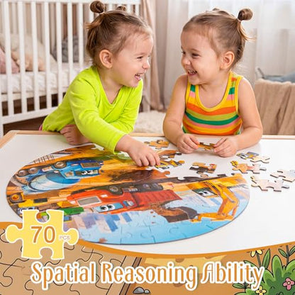 Civaner 70 Pieces Floor Puzzles Round Large Puzzles for Kids Ages 3-5 5-8 Jumbo Jigsaw Puzzle Educational Gifts for Toddlers Girls Boys Baby Shower Holiday Birthday (Construction Vehicles) - style: Construction Vehicles
