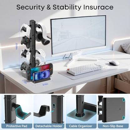 Headphone and Game Controller Desk Stand for PS5/ Xbox/ PS4 Controller, 4 Tiers Headset Hanger with Organizer for Switch 2/1/PS Portal Game Console, Multiple Controller Storage Dispay Rack- 8 Hooks