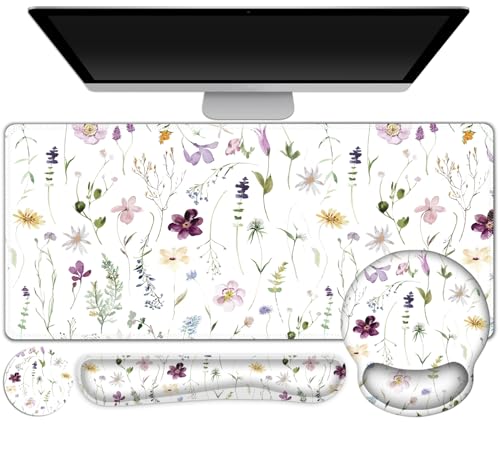 Gaming Mouse Pad, Large Desk Mat Cute Desk Pad Protector, 4in1 XXL Mousepad | + Keyboard Wrist Rest+Mouse Wrist Rest+Coaster Set with Ergonomic Desk Pad for Home Office Computer, Purple Flower Plants - color: Purple Flower Plants