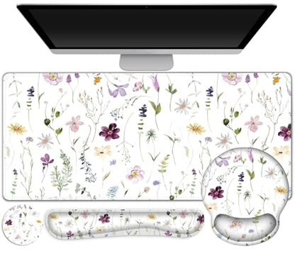 Gaming Mouse Pad, Large Desk Mat Cute Desk Pad Protector, 4in1 XXL Mousepad | + Keyboard Wrist Rest+Mouse Wrist Rest+Coaster Set with Ergonomic Desk Pad for Home Office Computer, Purple Flower Plants - color: Purple Flower Plants