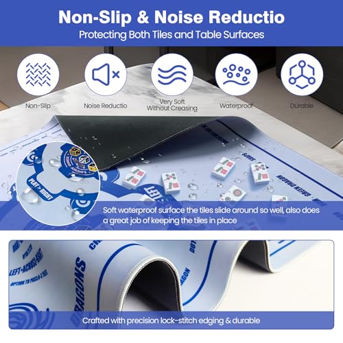 Mahjong Mat, 33"x33" American Mahjong Table Mat Set with Rules (Light Blue) | Noise Reduction Non-Slip Mah jongg Mat for Table (Carrying Bag & 3 Dice) for Mahjong Tile Games, Cards, Poker, Dominoes/Board - color: Light Blue