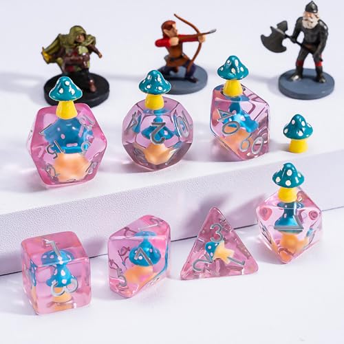DND Mushroom Resin Dice Set, Polyhedral Dice for Dungeons and Dragons, RPG, MTG D&D 7-DIE (D4, D6, D8, D10, D12, D20, D%) - color: Blue Mushroom