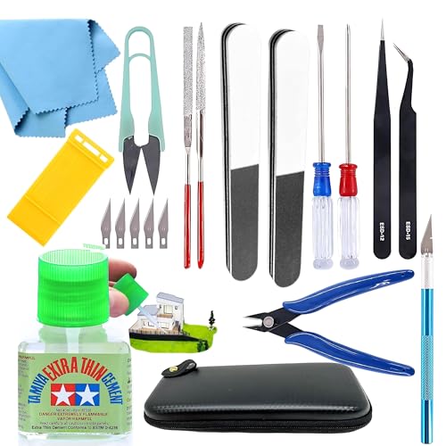 Tamiya Extra Thin Cement with Fine Tip Applicator and Pixiss Gundam Model Toolkit - 4 Oz Plastic Model Glue for Miniatures, Miniature Tool Kit Including Mini Tweezers, Pliers, Nippers