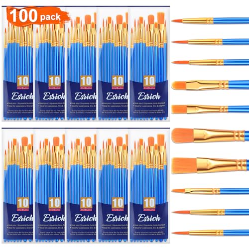 ESRICH Acrylic Paint Brushes Set, 10 Packs/ 100 Pcs Watercolor Brushes,Nylon Brush Head, for Oil Painting, Gouache, Face,Ceramics etc, Kid's and Adults Painting Arts and Crafts Paint Sets. - color: Blue, size: 100