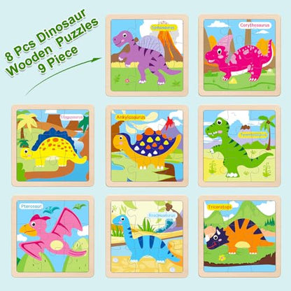 Wooden Puzzles for Toddlers 3+, 9 Pieces Dinosaur Jigsaw Puzzles for Kids Ages 3-5, Preschool Learning Activities, Learning & Educational Toys, Gifts for Boys, Girls - color: Dinosaurs1
