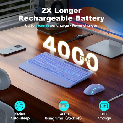 Purple Keyboard and Mouse Wireless Combo, 4000mAh Rechargeable Backlit Quiet Keyboards mice Set, USB Ergonomic Key Board with Wrist Rest & Phone Holder for PC, Mac, Windows, Natural Soft Typing - color: Purple