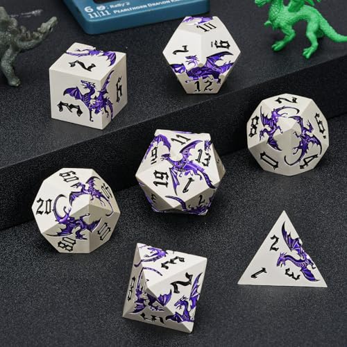 Sharp Edge DND Dragon Dice Set,Metal Polyhedral Dice with Dragon for Dungeons and Dragons RPG TTRPG D&D 7-Die Set with Gift Case Pearl Silver Transparent Purple - color: Dragon-pearl Silver Transparent Purple