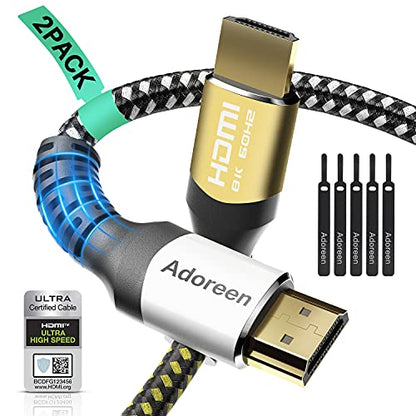 Adoreen 8K HDMI 2.1 Cable (Certified) 16.5 feet/2 Pack, 48Gbps Braided HDMI Cord(3ft to 25ft) for 8K@60Hz 4K@120Hz 2K 1080P, Dynamic HDR, eARC HDCP2.2 Compatible PS5,PS4,HD TV with 5 Cable Ties(3m) - size: 16.5FT/2 Pack