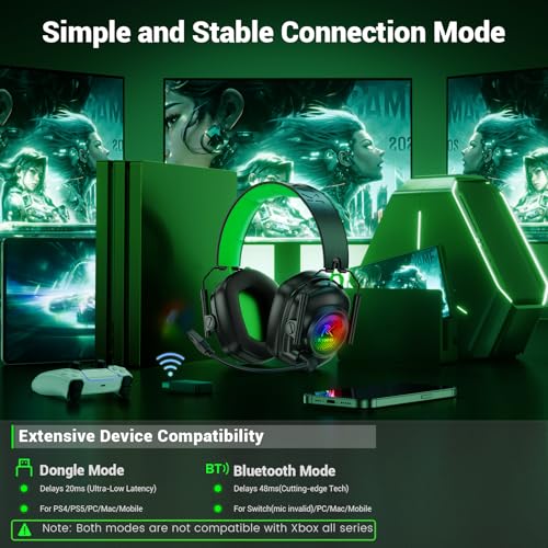 Wireless Gaming Headset with Noise Canceling Microphone for PC, PS5, PS4, Switch, Mac, 2.4 GHz Wireless & Bluetooth 5.4 Gaming Headphones, Cool RGB Lighting, 40Hr Battery, 50mm Drivers(Black Green) - color: Black Green