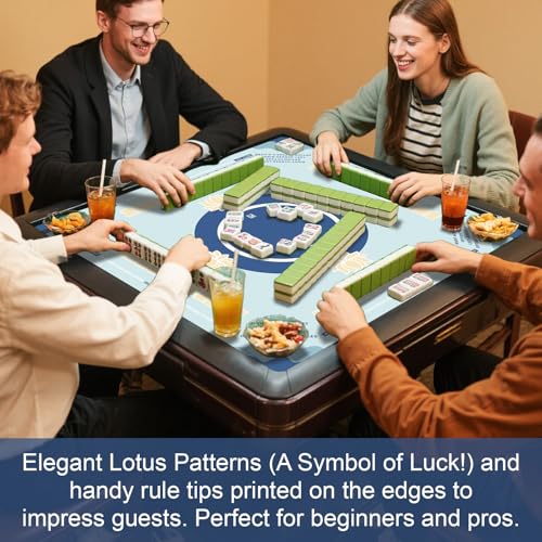 Mahjong Mat with Rules - Non-Slip Noise Reducing Mahjong Table Mat for Poker Card Board & Tile Games (31.5inx31.5in, Blue)