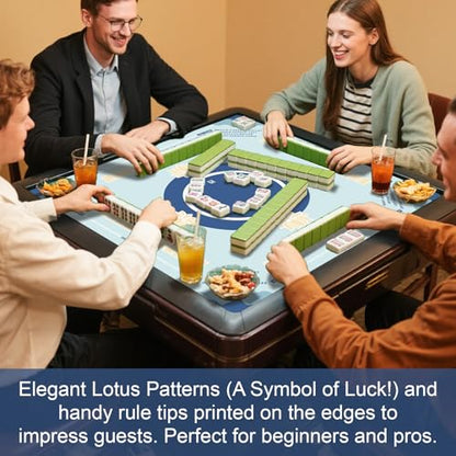 Mahjong Mat with Rules - Non-Slip Noise Reducing Mahjong Table Mat for Poker Card Board & Tile Games (31.5inx31.5in, Blue)