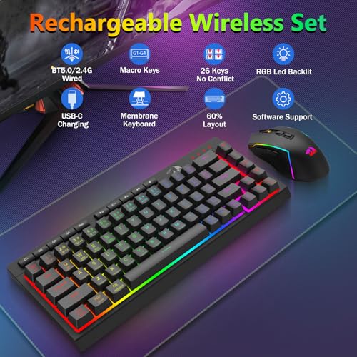 Redragon Wireless Gaming Keyboard and Mouse Combo, 60% Portable, Black | Bluetooth/2.4G/USB-C Wired, RGB Backlit, Quiet Rechargeable Macro Membrane Keyboard & 12800 DPI Mouse for Win/MAC - color: Black Combo