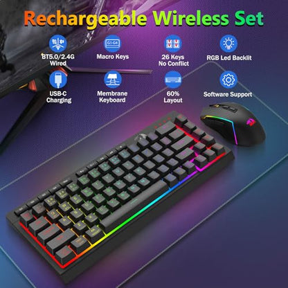 Redragon Wireless Gaming Keyboard and Mouse Combo, 60% Portable, Black | Bluetooth/2.4G/USB-C Wired, RGB Backlit, Quiet Rechargeable Macro Membrane Keyboard & 12800 DPI Mouse for Win/MAC - color: Black Combo