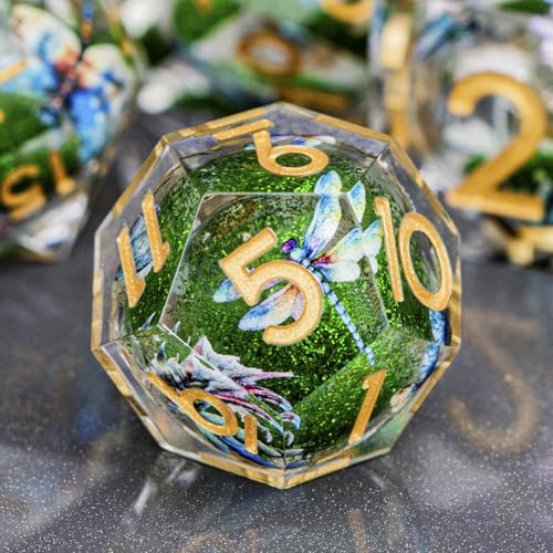 DND Dragonfly Dice 7PCS Polyhedral Sharp Edge Dice Set with Gift Case for Dungeons Dragons Role Playing Game, RPG Resin D and D Dice D6 D8 D10 D12 D20 D% (Gold Green) - color: Qt-gold Green
