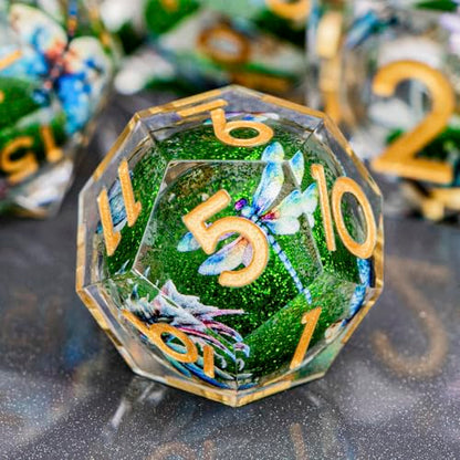 DND Dragonfly Dice 7PCS Polyhedral Sharp Edge Dice Set with Gift Case for Dungeons Dragons Role Playing Game, RPG Resin D and D Dice D6 D8 D10 D12 D20 D% (Gold Green) - color: Qt-gold Green