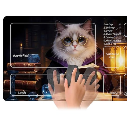 for MTG Playmat 24 x 14 Inches Cat Magic Play Mat Card Game Mat for Magic The Gathering TCG PTCG Playmat with Free Storage Bags Non-Slip Backing and Stitched Edge - color: Cat With Zones