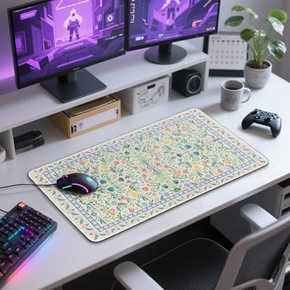 Green Floral Desk Mat Large Mouse Pad 31.5"x15.7" Non-Slip | Extended Mousepad, Non-Slip Rubber Base , Stitched Edges, for Computer/Laptop/Office/Home - color: Green Floral