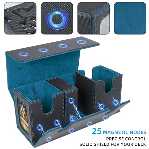 AFIING MTG Commander Card Storage Box - Fits 200 Double Sleeved Cards,3-in-1Card Deck Case,Strong Magnet Card Organizer For Magic Commander TCG CCG,4Dividers &2 Toploaders, Black/Cyan - color: Black Cyan